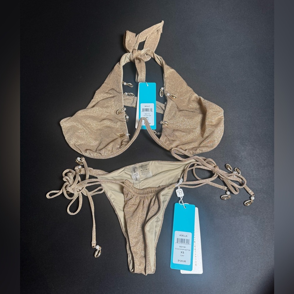 Beach Bunny Gold Shimmer Bikini Set XL/XS NWT Luxury Tropical